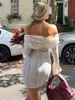 Hollow Out Lace Women's Dress Chic Off-shoulder Full Flare Sleeve Hip Package Female Dress Lace Up Slim Lady Vestidos 2025 New 3
