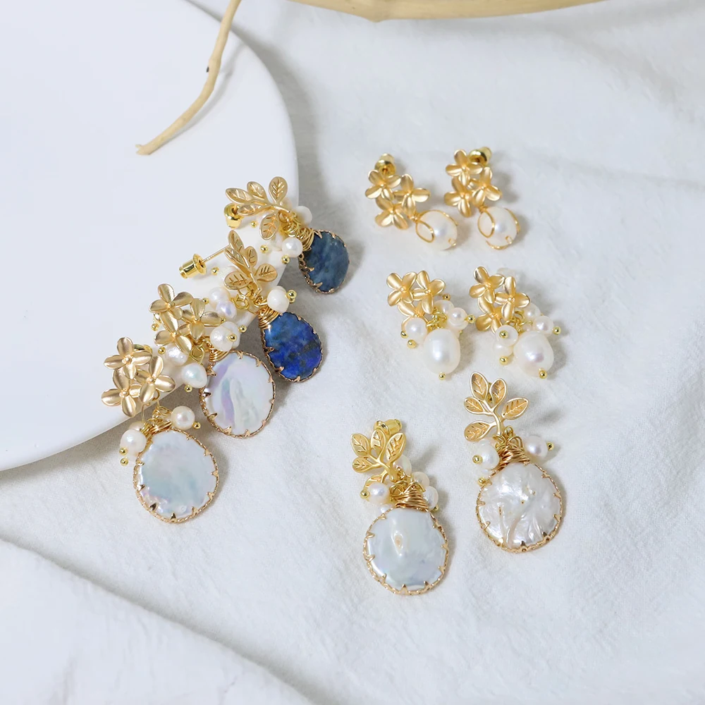 Pearl Earrings Womens Earrings GLSEEVO Natural Fresh Water Big Baroque Pearl Earrings Women Plant Leaves Dangle Earrings Luxury Handmade Fine Jewelry GE0308