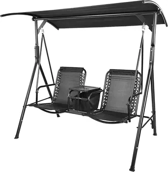 2 Seat Outdoor Patio Swing Chair Outdoor Canopy Swing Glider with Pivot Storage Table, Cup Holder, Adjustable Shade 1