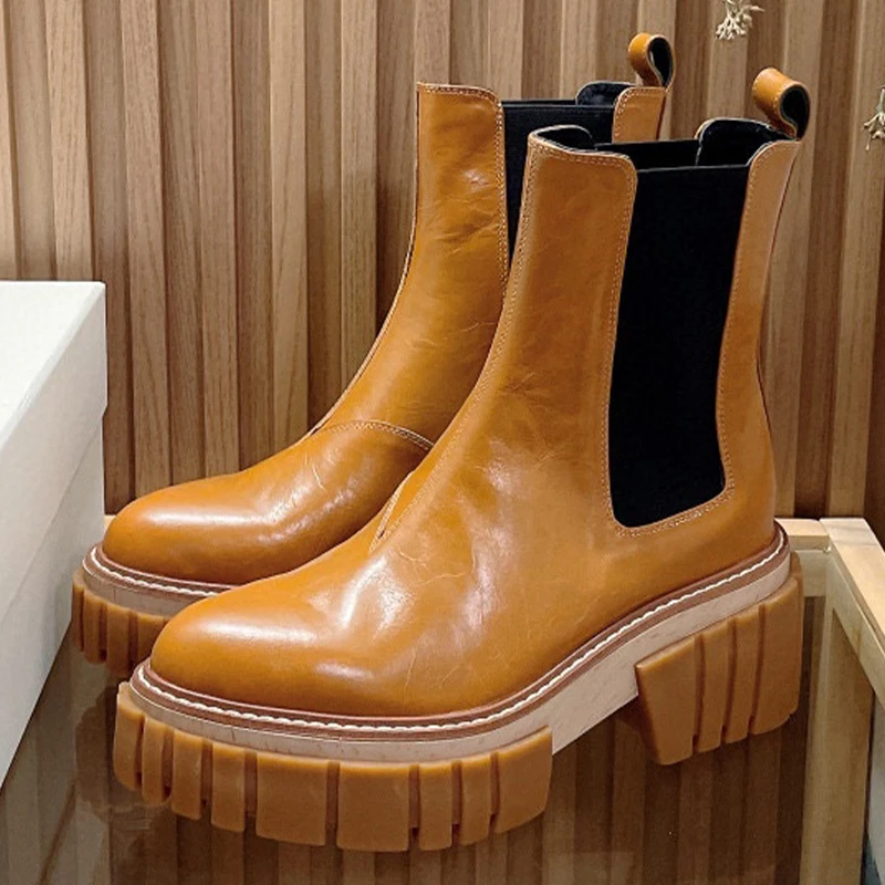 

Красивые женские ботильоны, осенняя новая обувь из натуральной кожи, увеличивающая рост, короткие ботинки, женская обувь на толстой подошве с круглым носком