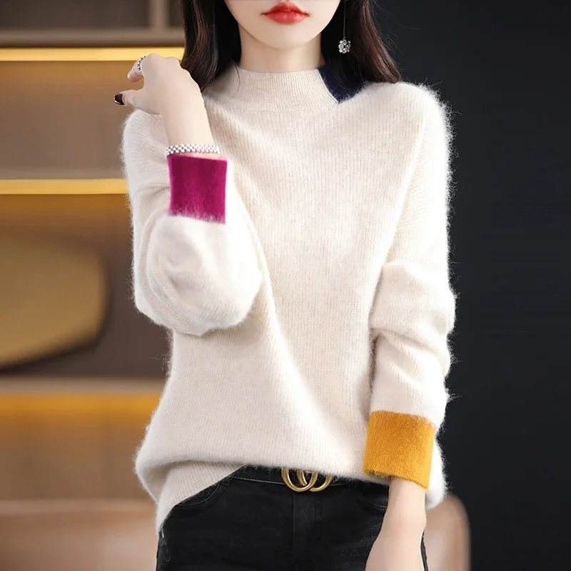 

2023 Autumn and Winter 100% Mink Cashmere Women's Knitted Sweater High Neck Long Sleeve Thickened Pullover Clothing Pullover Top