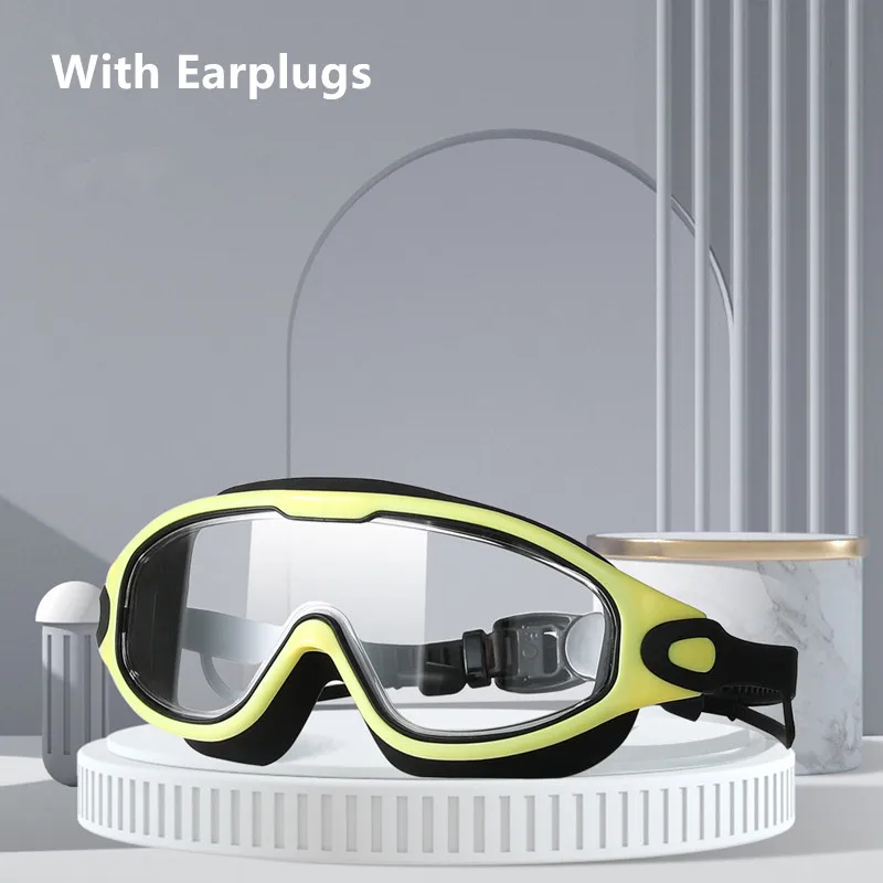 Swimming Goggles Big Frame Adults with Earplugs Swim Glasses Men Women Professional HD Anti-fog Silicone Eyewear