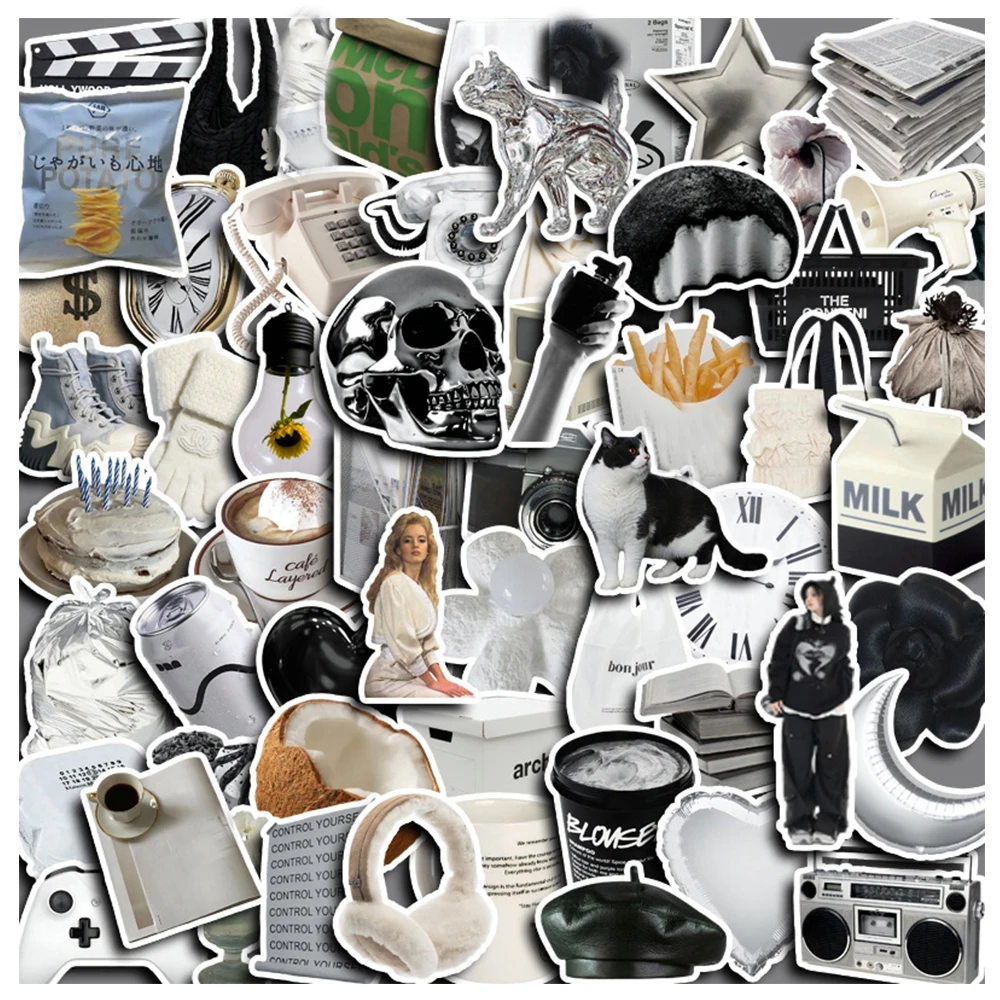 

10/30/60pcs Funny INS Style Cute Stickers Black White Simple Decals Laptop Phone Suitcase Scrapbook Guitar Decoration Sticker