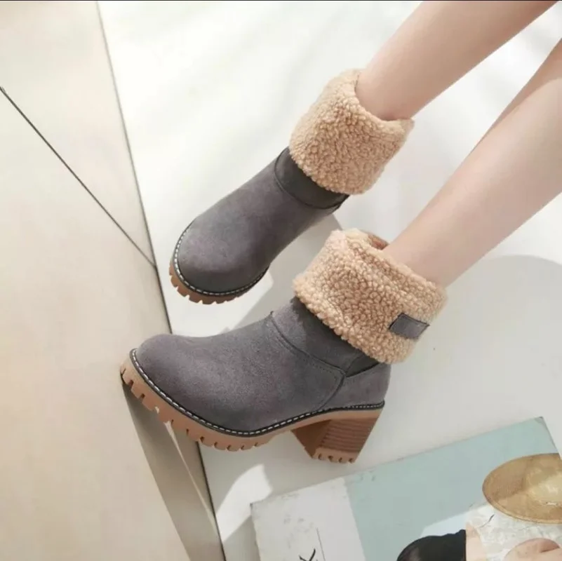Winter Womens Black Beige Plush Lining Shoes Ankle Boots Med Heel Chunky Heels Shoes Warm Boot Metal Decoration Boots for Women