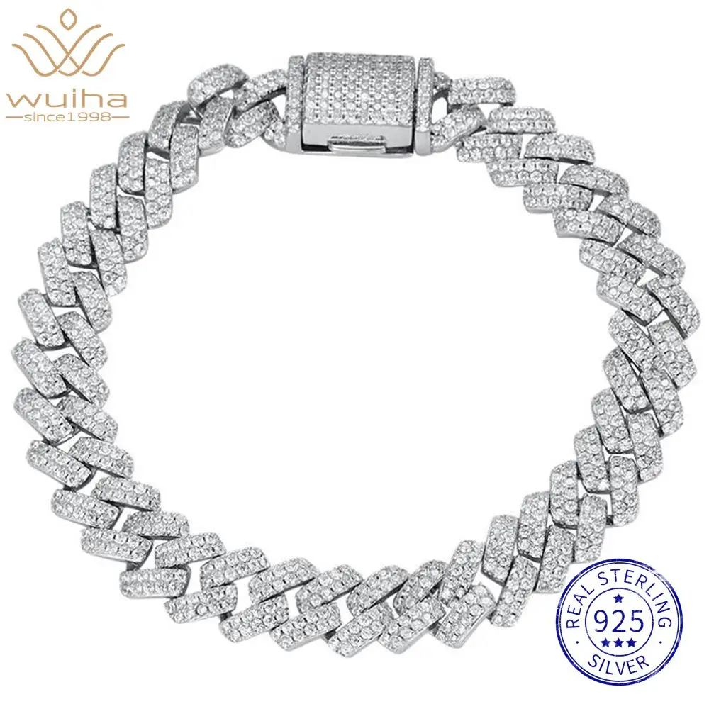 WUIHA Hip Hop 925 Sterling Silver Lab Sapphire High Carbon Diamonds 8.3 MM Cuban Bangle Bracelet Tennis Fine Jewelry Wholesale