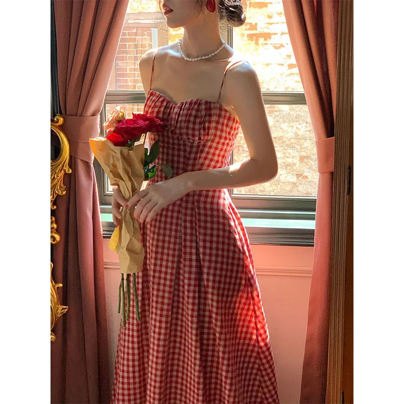 

2023 Summer Retro Plaid Dress with Mid Skirt Women Clothing Party Dresses Vestido Dress