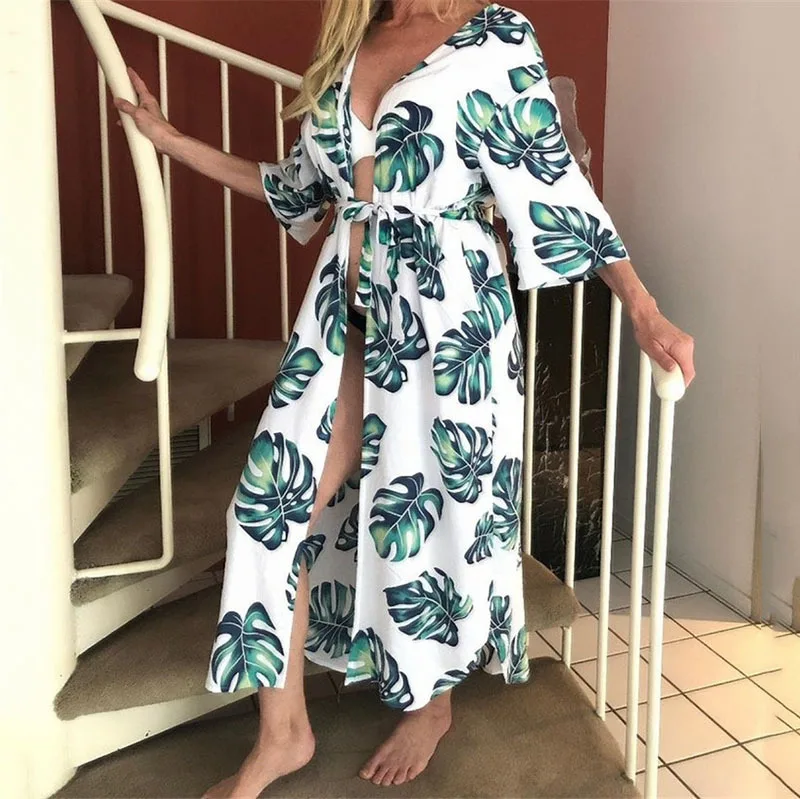 

Vintage Tropical Leaves Print Bikini Cover-ups Long Tunic Casual Summer Beach Dress Elegant Women Beach Wear