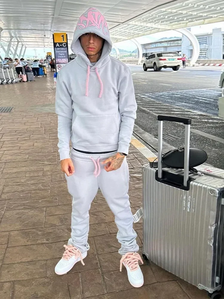 Y2k Street Men Hoodies Straight Pants 2 Piece Set Hip Hop Sports Hooded Pullover Trousers Casual Loose Cotton Printed Tracksuit sports suit tracksuit set sports set outdoor suit set