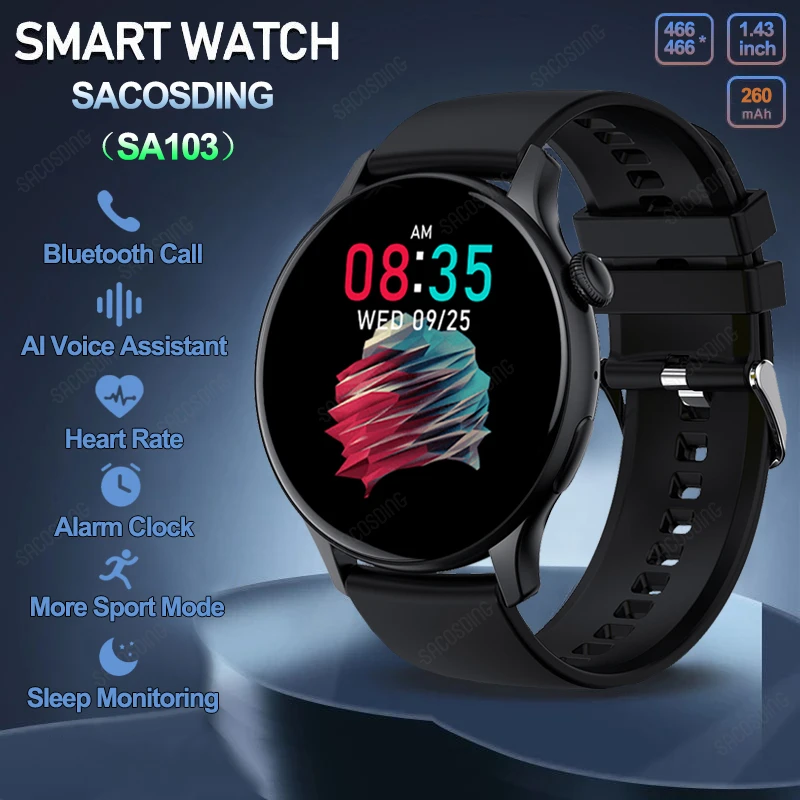 SACOSDING SA103 스마트 워치 여성용 AMOLED 올웨이즈 온 디스플레이 시계, 블루투스 통화, 음성 제어, 피트니스 스마트워치, 남성 및 박스, 466x466