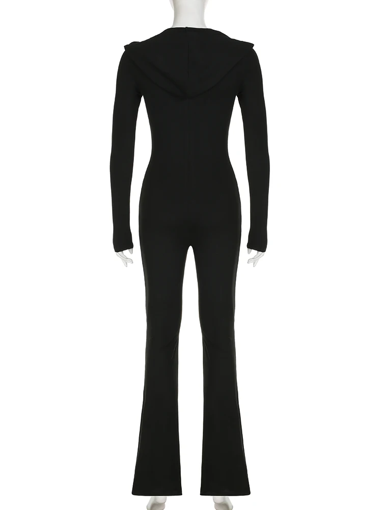 IAMSURE Sporty Activewear Basic Solid Jumpsuits Slim Hooded V-Neck Zipper Long Sleeve Rompers Women 2023 Autumn Winter Fashion