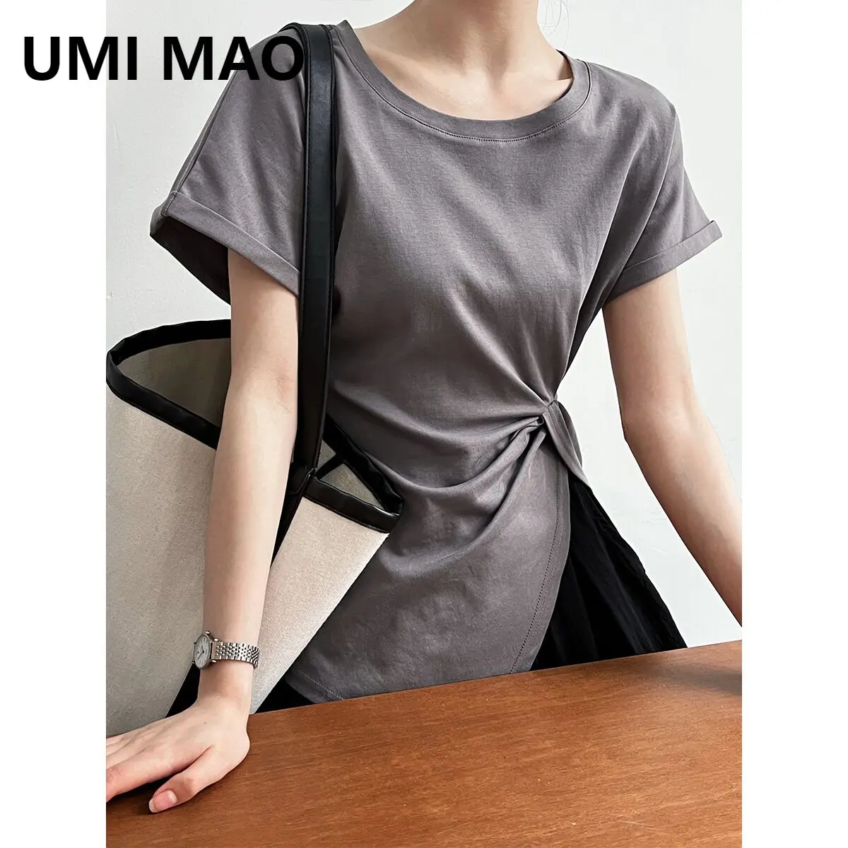 

Футболка женская с разрезом и коротким рукавом, Асимметричный топ UMI MAO, приталенная Милая рубашка с пряным низом, на лето