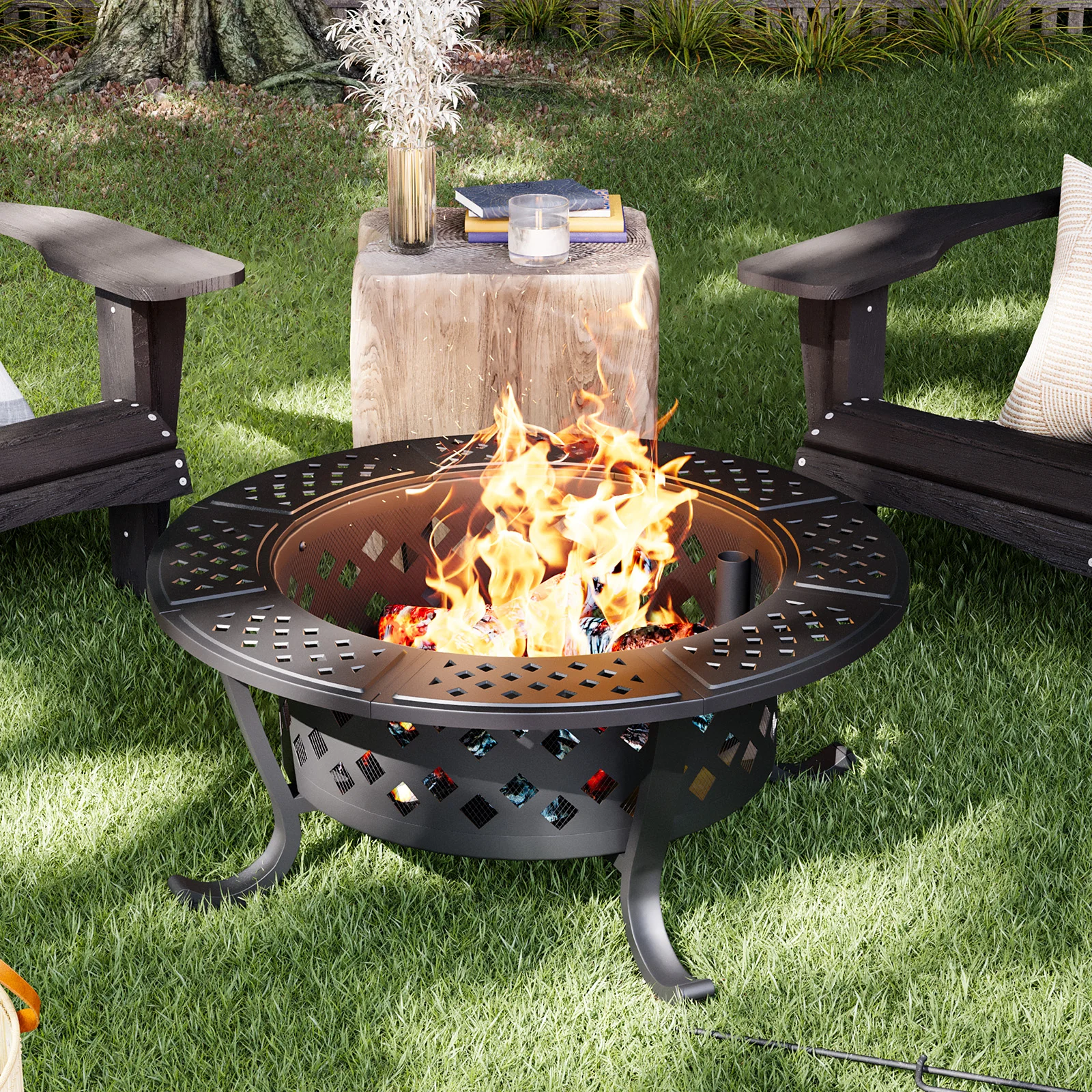 oneinmil 28 in. Outdoor Wood Burning Fire Pit with 2 Grills and Removable Lid, Large Barbecue Table for Camping and Picnics