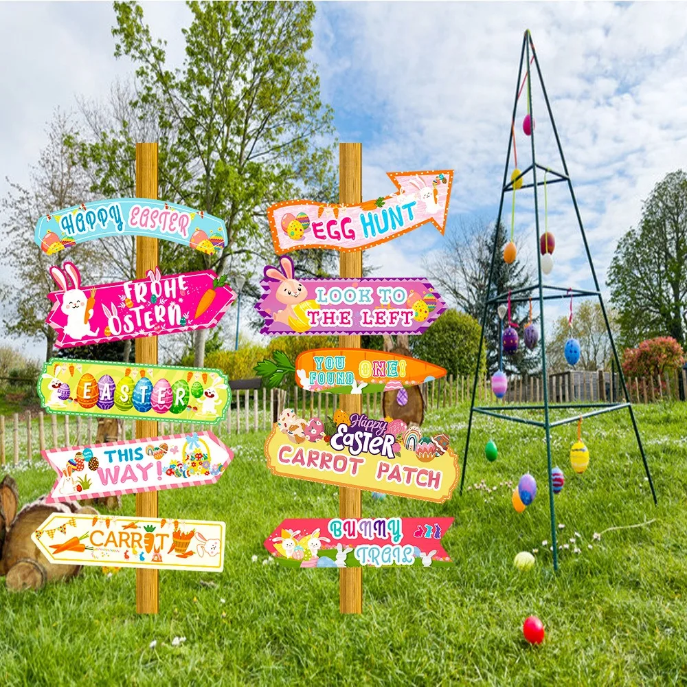 10-piece Easter Pendant Direction Paper Signs Decorative Props, Cute Rabbit Radish Lawn Pendant Party Decorations.