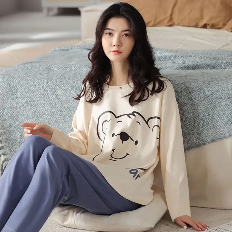 Women's 2 Pieces Pajamas Set 100% Cotton Pyjama Female Pijama Women Homewear Soft Sleepwear Long Sleeve O-Neck Shirt Pants Suit