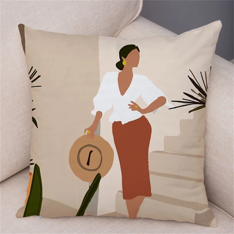 2022 Tropical Plant Soft Plush Black Africa Girl Pillow Case Linen Geometric Fashion Women Cushion Cover for Sofa Car Home Decor 