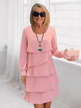 Abito da donna a maniche lunghe con scollo tondo elegante e ampio nell'autunno del 2025 Abito da donna casual nero Robe Femme 1