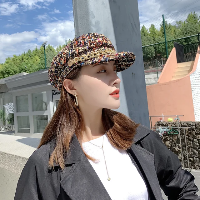 Simple Fashion Spring and Autumn Women's Hat Foreign Style Beautiful Shade Hat Korean Fashion Gold Chain Flat Hat Octagonal Hat 2