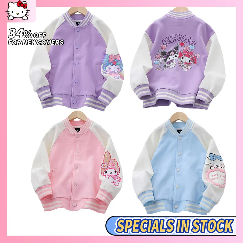 

Sanrio Children's Baseball Uniform Jacket Autumn Childrens Clothing Kawaii Cartoon Mymelody Kuromi Cinnamoroll Top Cardigan Gift