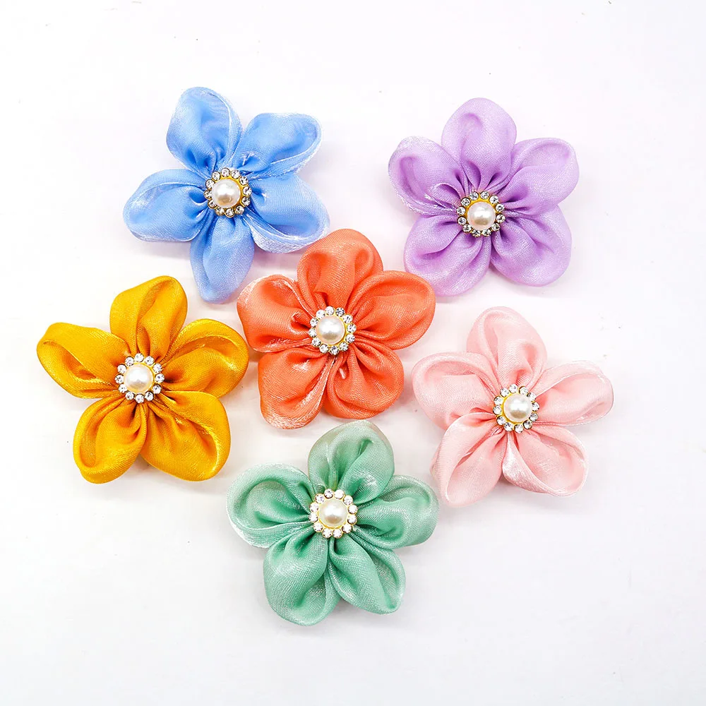10PCS Flower Pet Dog Cat Bows with Pearl Diomand Movable Puppy Collar Gifts for Small Dog Grooming Accessories Supplies 5