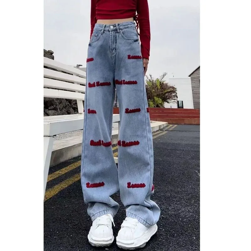Embroidery Jeans for Women Loose Wide Leg Straight High Waist Trousers Spring Clothing
