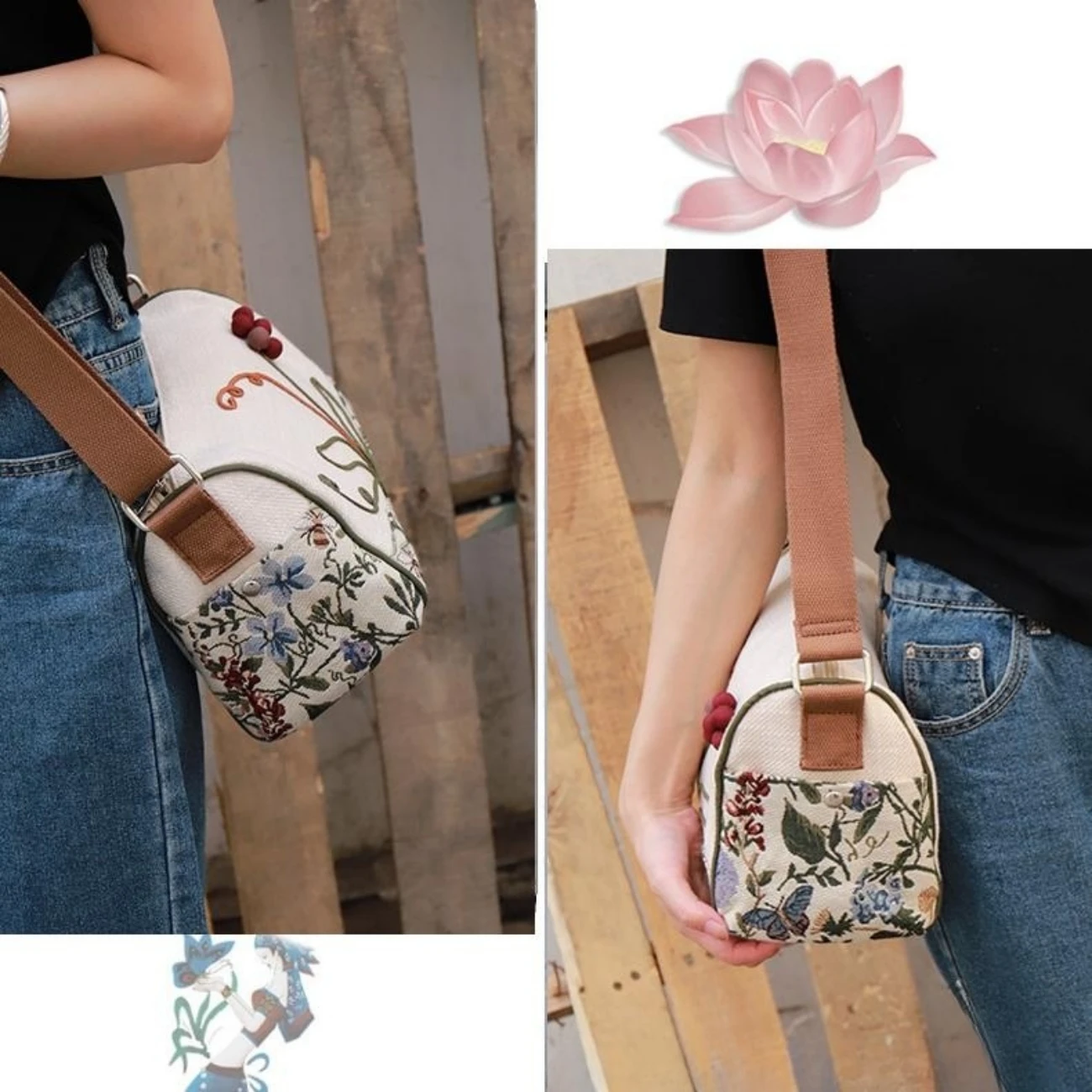Canvas Cylinder Bag Versatile Casual One Shoulder Crossbody Bag Commuter Women's