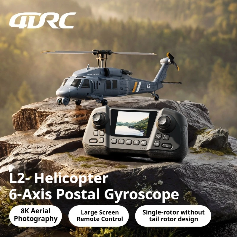 Gros plan sur l'hélicoptère RC 4DRC L2 2.4G en vol, montrant son châssis robuste et ses lumières LED clignotantes.