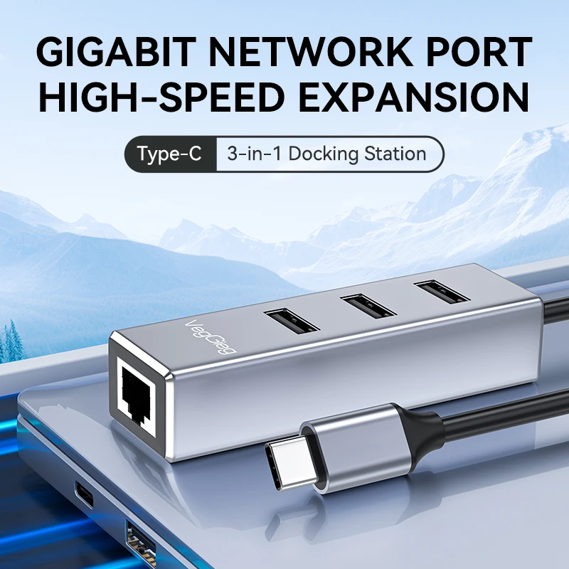 VegGieg 이더넷 어댑터 USB Type-C - 100Mbps, 노트북 PC용 3포트 USB 2.0 허브 포함 - 네트워크 카드 어댑터