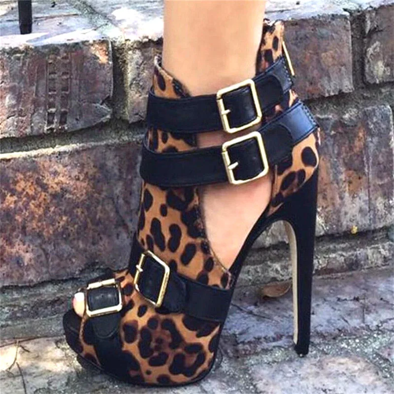 

Ladies Leopard Suede Belt Buckle Platform Sandals Boots Peep Toe Thin Heel Gladiator Ankle Boots Female Short Boots