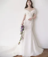 2022 New Design Ivory Wedding Dress  Off-Shoulder Customized Short Sleeves 웨딩드레스 Organza Backless Korean Mermaid Bridal Gowns 1