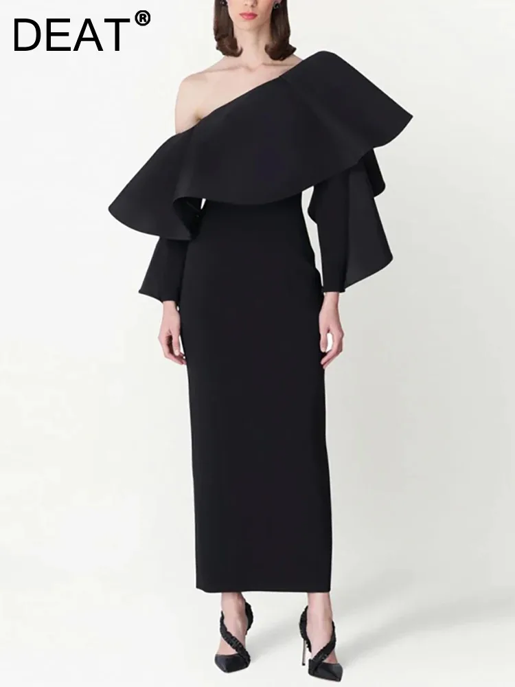 

DEAT Elegant Dress Patchwork Ruffles Single Shoulder Long Sleeve Women Customized Evening Dress 2024 Summer New Fashion 13DB3477