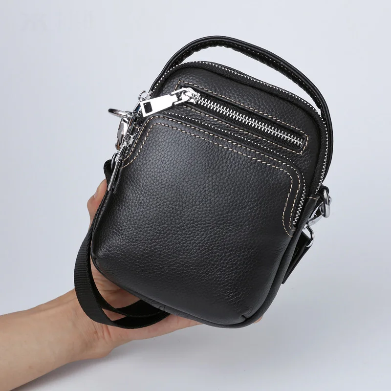 

Mini Waist Bag Men Genuine Leather Cross Body Mobile Phone Holder Stichings Decoration Zipper Open Wallet