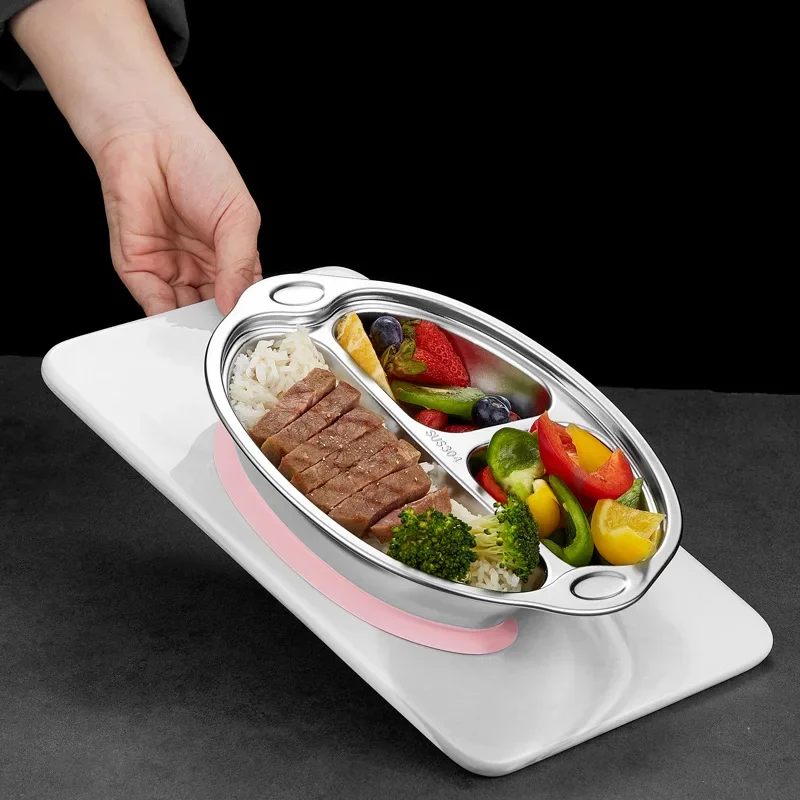 Ins Style Children's Dinner Plate 304 Stainless Steel Cartoon Baby Home Use Partition Plate Kindergarten Meal High Aesthet