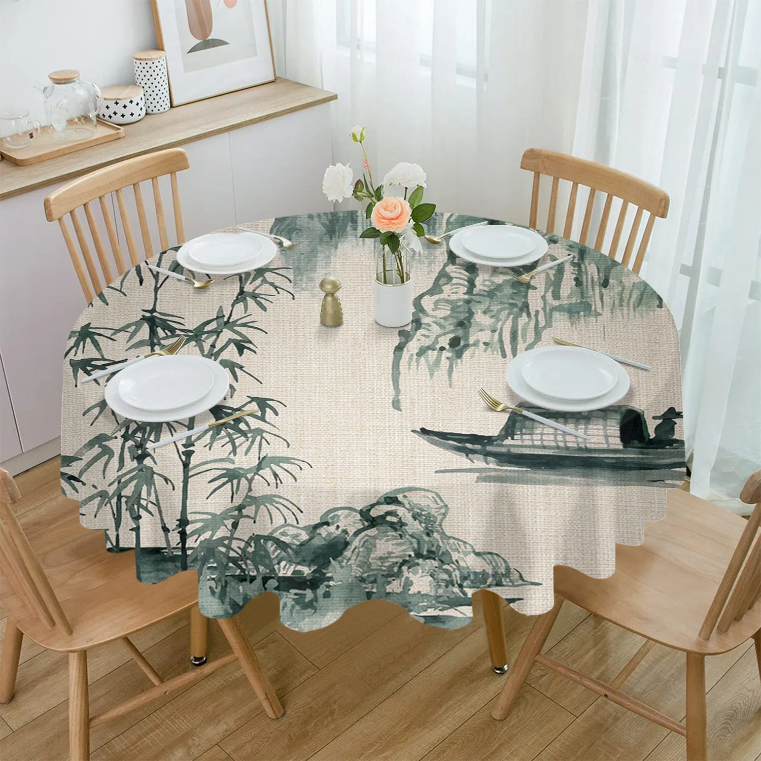 

Chinese Painting Landscape Bamboo Boat Round Table Cloth Festival Dining Waterproof Tablecloth Table Cover for Wedding Decor