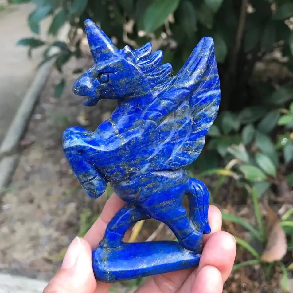 

Natural Lapis lazuli Stone Carved Unicorn Winged Horse Sculpture Ornament Healing Reiki Quartz Crystal Gift Home Deco