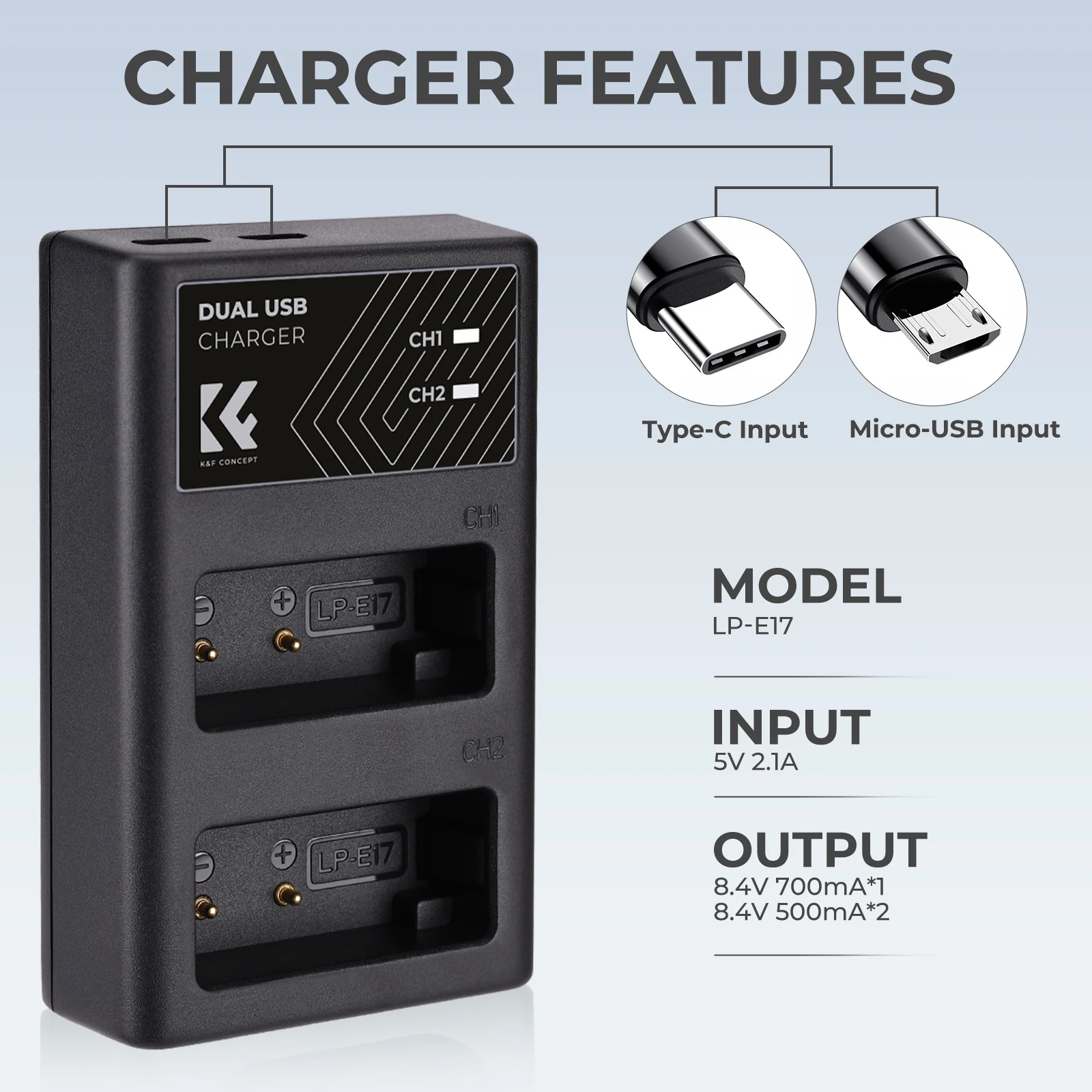 K&F Concept LP-E17 Dual Channel Slot battery charger battery charger adapter charger adapter for Canon EOS R8 R10 R50 R100 RP EOS 77D 850D 800D 760D 750D 200DII M5 M6II M6 M3