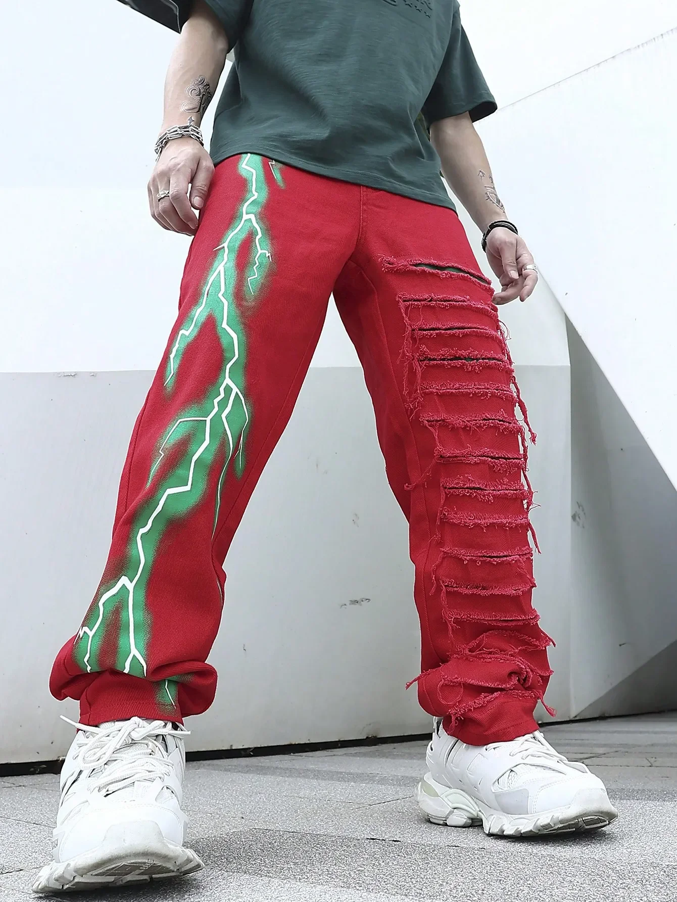 Men’s Stretchy Lightning Baggy Jeans For Men Cracked Streetwear Holes Ripped Patchwork Denim Casual Pants Slim Skinny Trousers