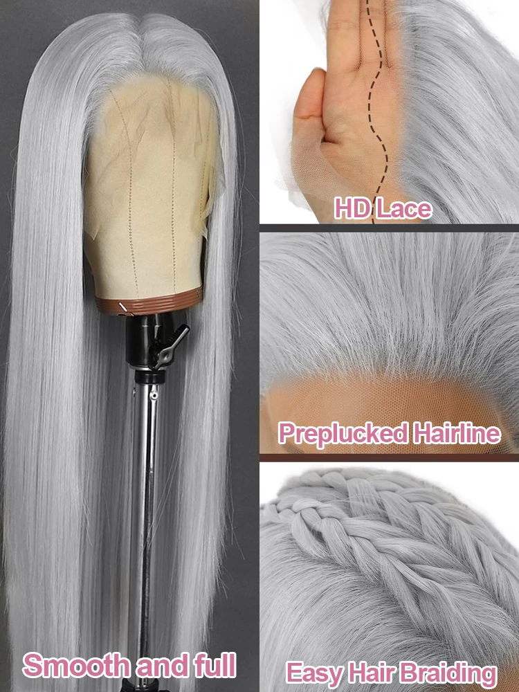 Perruques droites gris argentées cheveux humains vietnamiens 220% densité 13×6 HD dentelle frontale perruque colorée 38 pré plumé avec naissance des cheveux de bébé perruque vietnamienne haut qualité