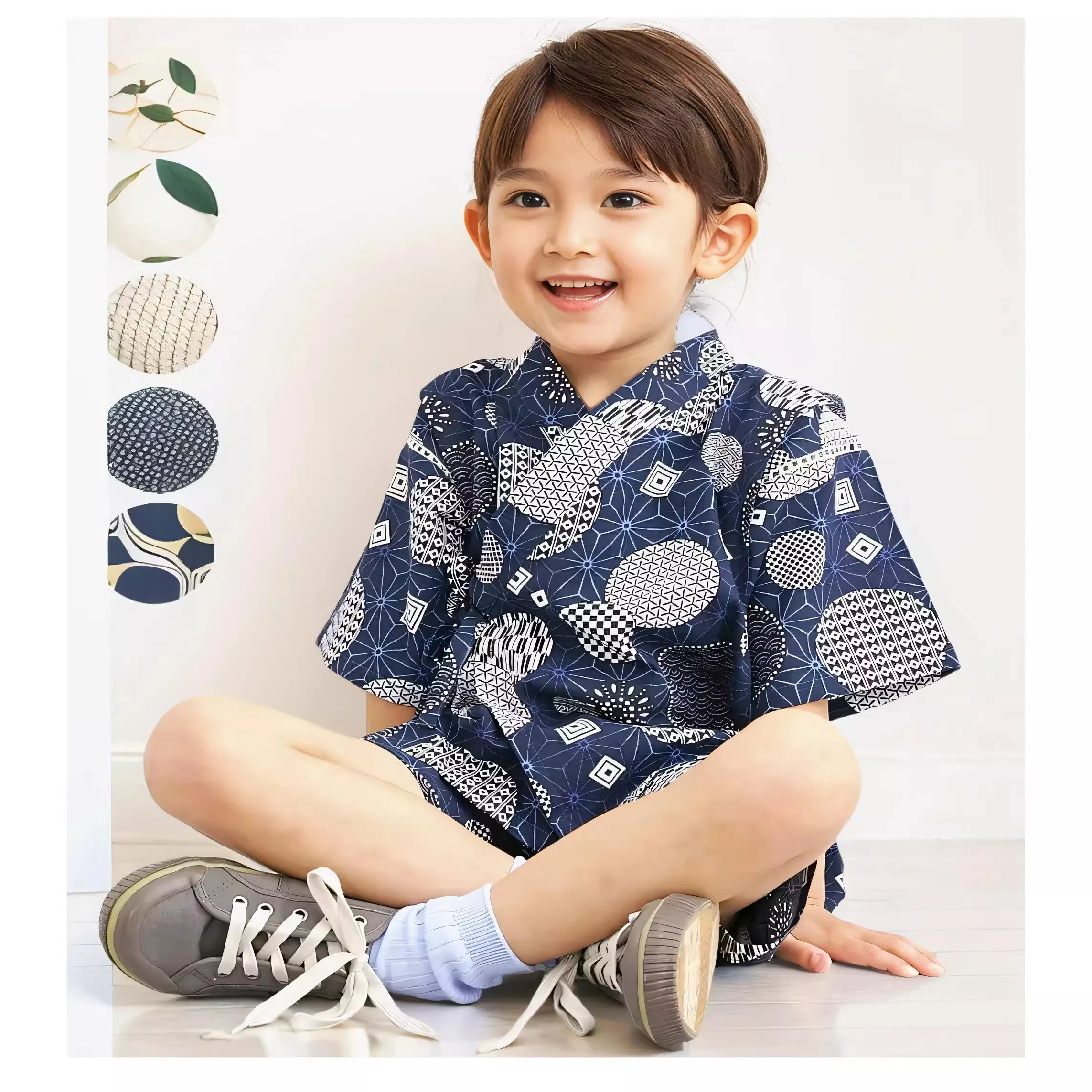 Boys' Japanese Jinbei Set-Cotton Yukata-style Pajamas with Tortoise Shell Pattern, Homewear & Sauna Outfit for Kids