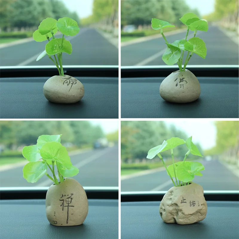 

Car Ornoments Creative Simulation Plant Coppery Herb Zen Potted Stone Decoration Solid Ointment Luxury Cars Interior Accessories