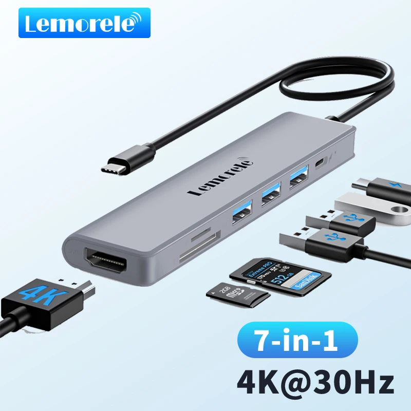 Lemorele TC70 USB C HUB Type C 3.0 Docking Station HDMI 4K@30Hz 100W PD SD/TF Slot Fast Transfer for Laptop Macbook Windows