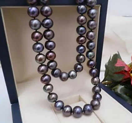 

Beautiful 8-9mm Natural tahitian black pearl necklace 18" yellow ball clasp +AAA