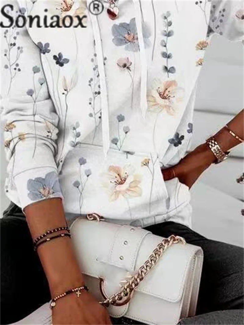 Women's Botanical Flower Print Drawstring Hooded Sweatshirt Kangaroo Pocket Pullover Hoodie Ladies Intellectual Style Outerwear