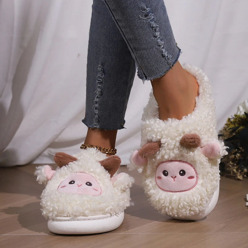 Autumn Winter Women Cute Sheep Slippers Females Home Indoor Fluffy Warm Slides Men Plush Cartoon Flip Flops Couples Soft Shoes 3