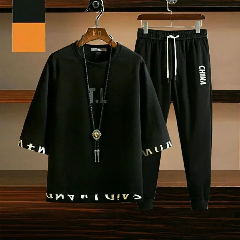 Pants Sets Kpop Chic Clothes for Men Top Slim Fit Casual Stretch Basic Cool Male T Shirt Summer Sweatshirt Sportswear 2023 Trend