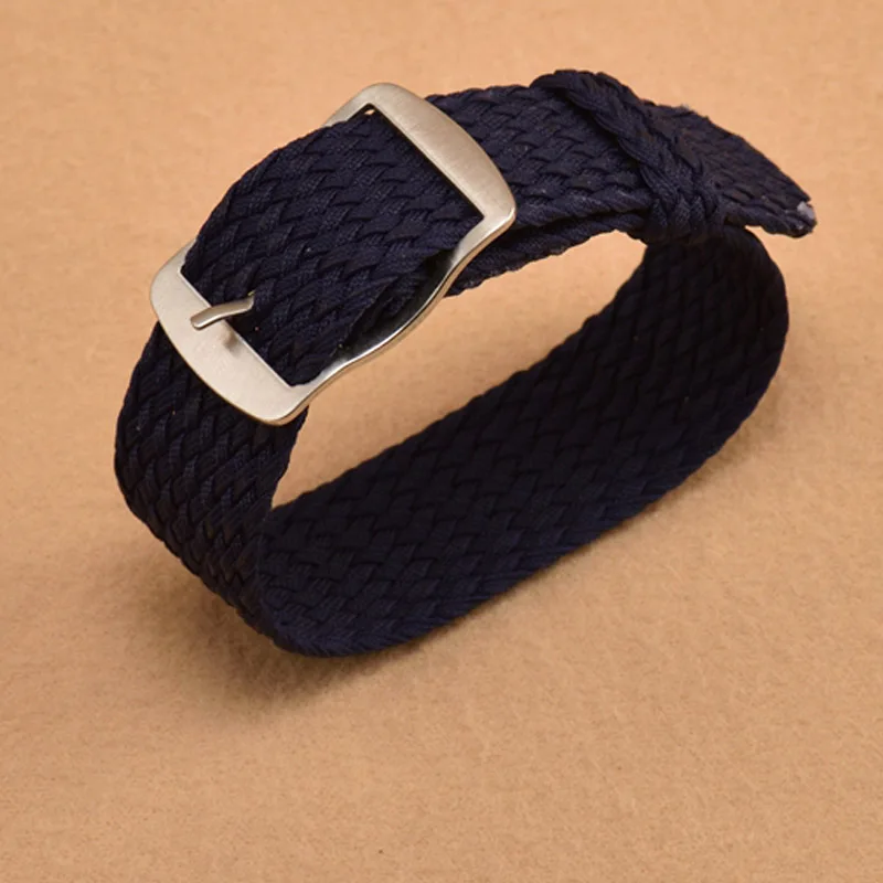 Solid Color Perlon Woven Nylon Watch Strap Band with Black Buckle - Black/Navy