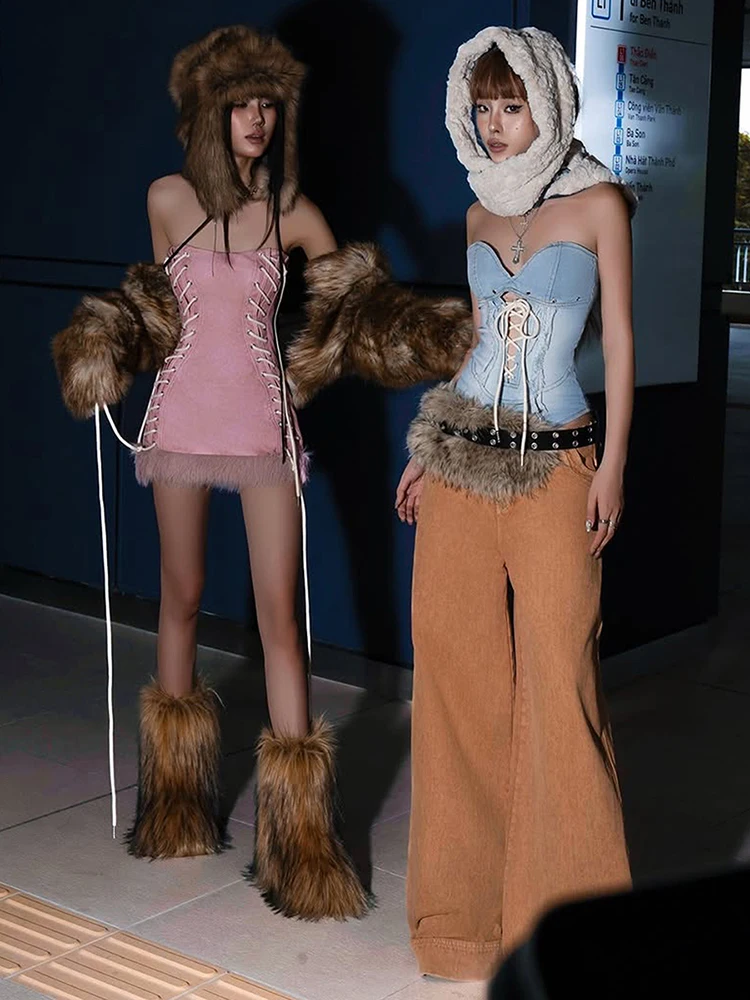 Nibber Peach Hip Hottie Shirring Strapless Dress Women Feather Patchwork Sexy Sweet Valentine's Day Skinny Clubwear Mini Bodycon