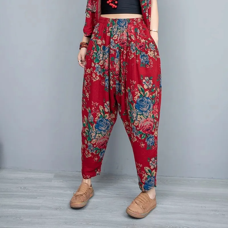 

Red Flower Cotton Linen Harem Pants Women 2024 Spring Autumn New Loose Personalized Pant LX1172