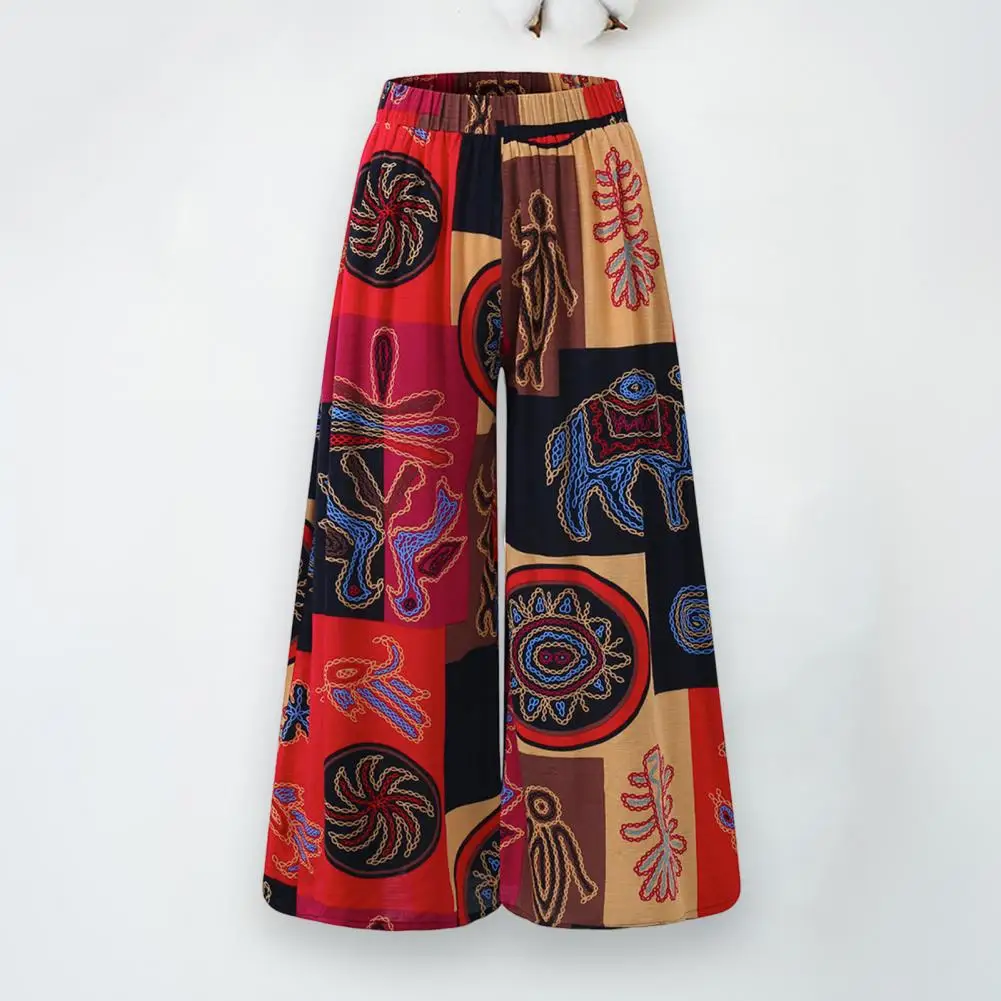

Fashion Lightweight Elastic Waistband Anti-pilling Women Retro Floral Printed Wide Leg Trousers Women Pants Versatile