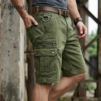 Vintage Multi Pocket Cargo Shorts Men Casual Solid Color Loose Straight Shorts Spring Summer Mens Fashion Knee-length Bottoms 1