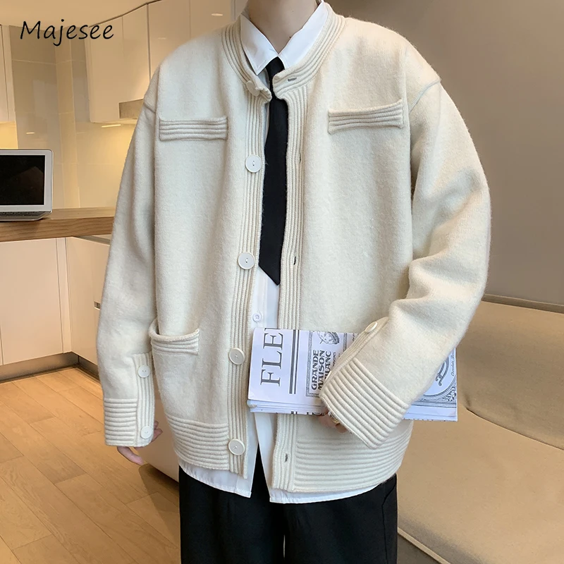 

Cardigan Men Single Breasted Solid Collarless Autumn All-match Pleated Warm Casual Loose Simple Teenagers Korean Style Fashion